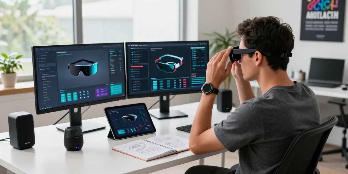 Tech enthusiast testing smart glasses at a modern desk, reviewing augmented reality interfaces.