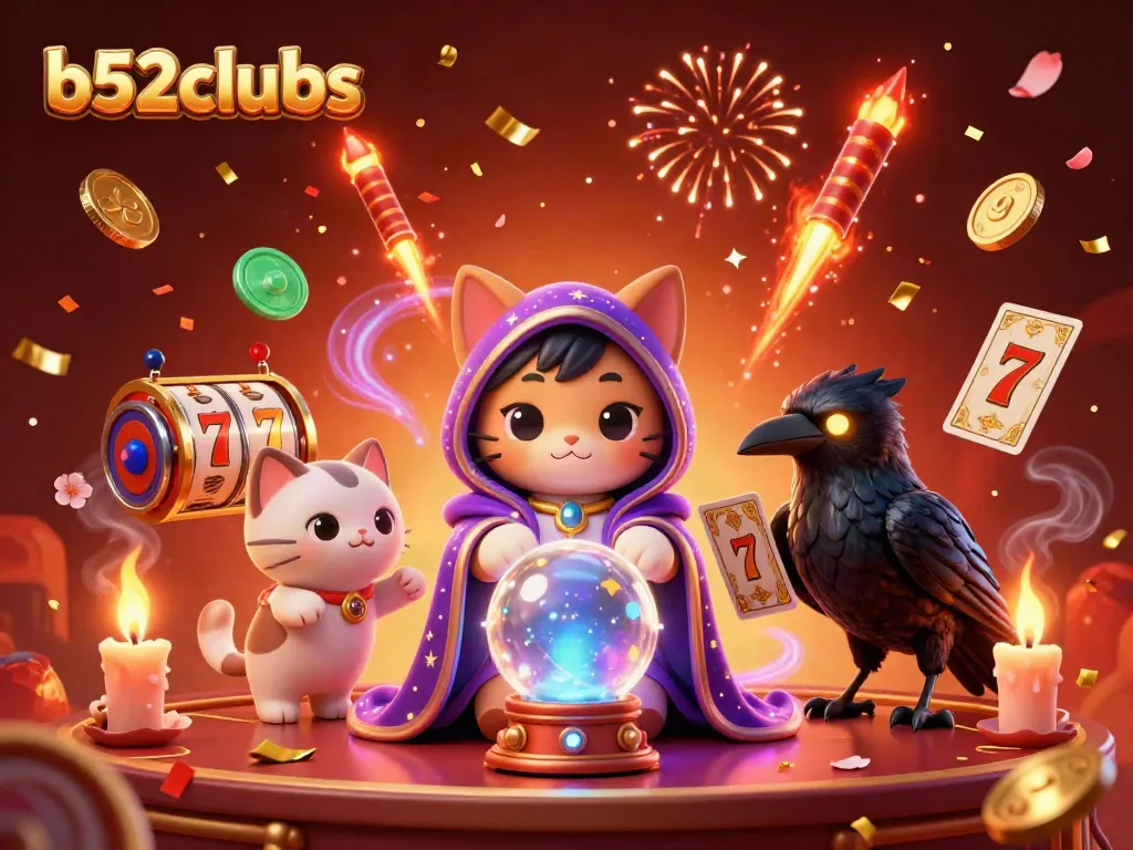 Experience the thrilling action at b52clubs with a mystical fortune teller, tarot raven, and vibrant casino elements.