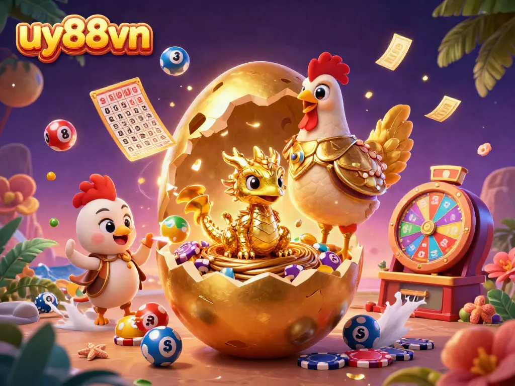 Experience the excitement at uy88vn with a vibrant 3D illustration showcasing a golden dragon, poker chips, and gambling elements.