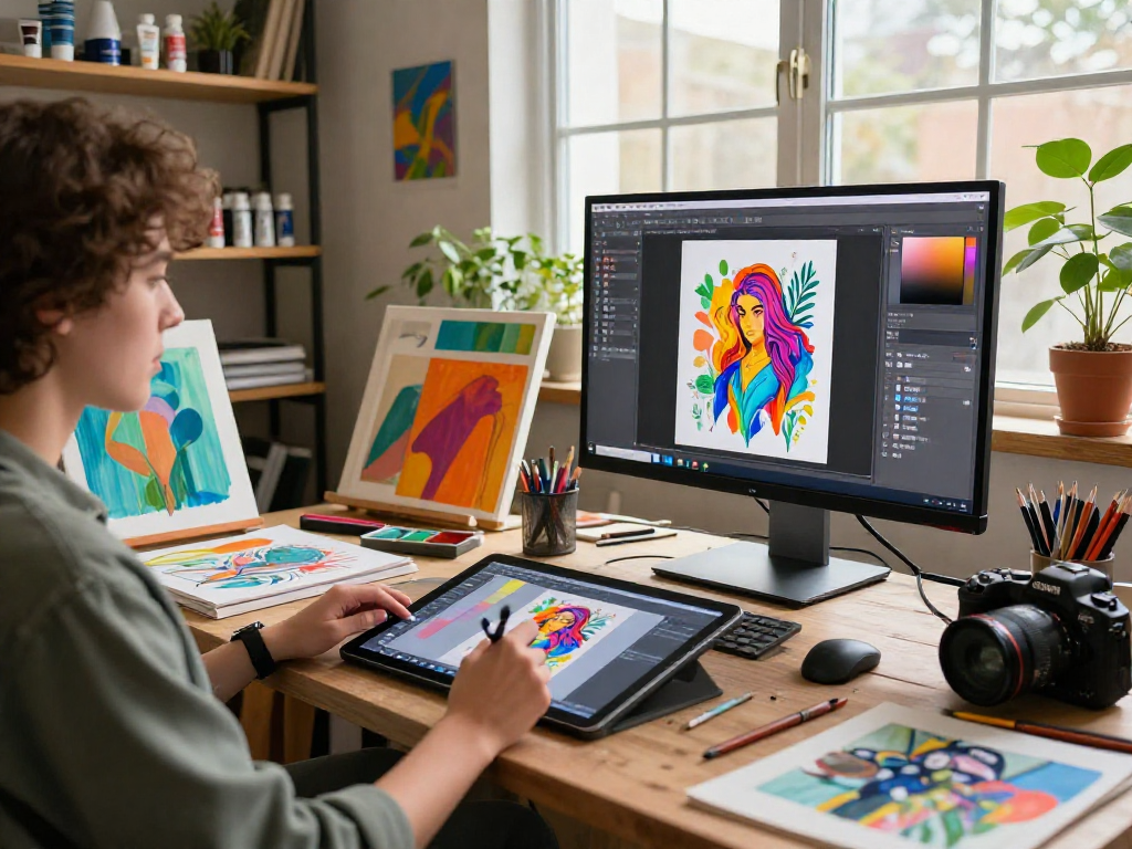 Creating NSFW AI art in a vibrant studio with digital tablet and canvases