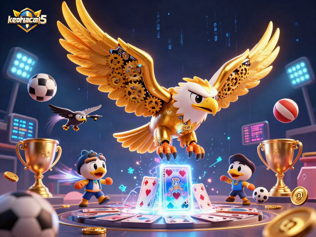 Bet on keonhacai5 with the golden eagle diving through sports-themed elements in a vibrant digital scene.