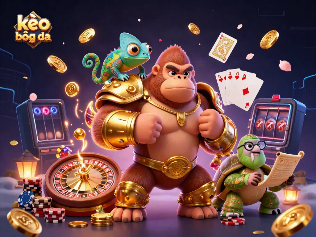 Engage in the excitement of kèo bóng đá with a powerful gorilla king, chameleon spy, and tortoise elder in a vibrant casino scene.