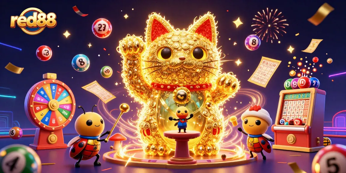 Win big at red88 with a vibrant 3D scene featuring a lucky cat and dynamic casino symbols.