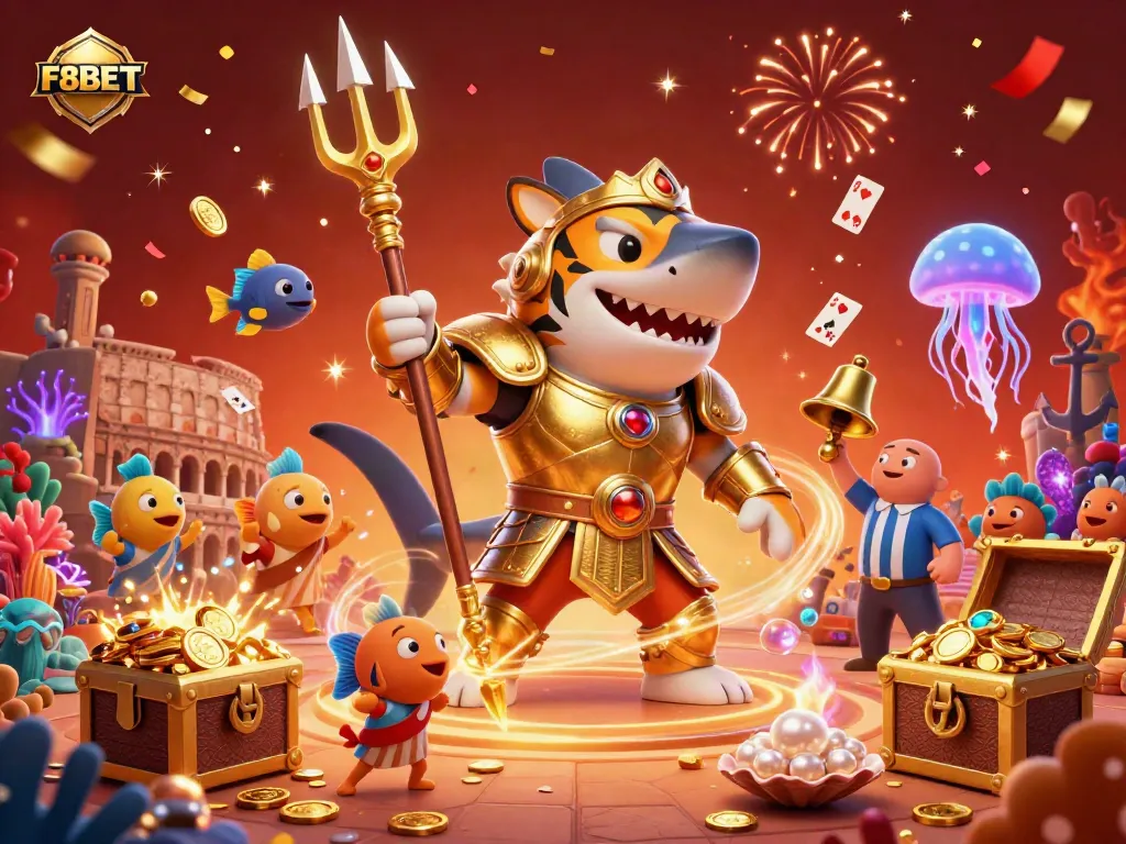 Experience the exhilarating underwater casino world of F8BET with a gladiator shark and dynamic gameplay elements.