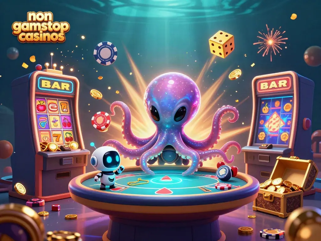 Exciting scene of non gamstop casinos illustrated with a galactic octopus at a poker table, vibrant casino elements