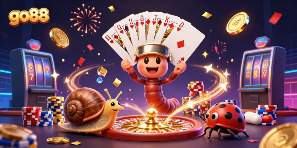 Engage in exciting games at go88 with 3D vibrant casino characters amidst golden coins and dynamic gameplay.