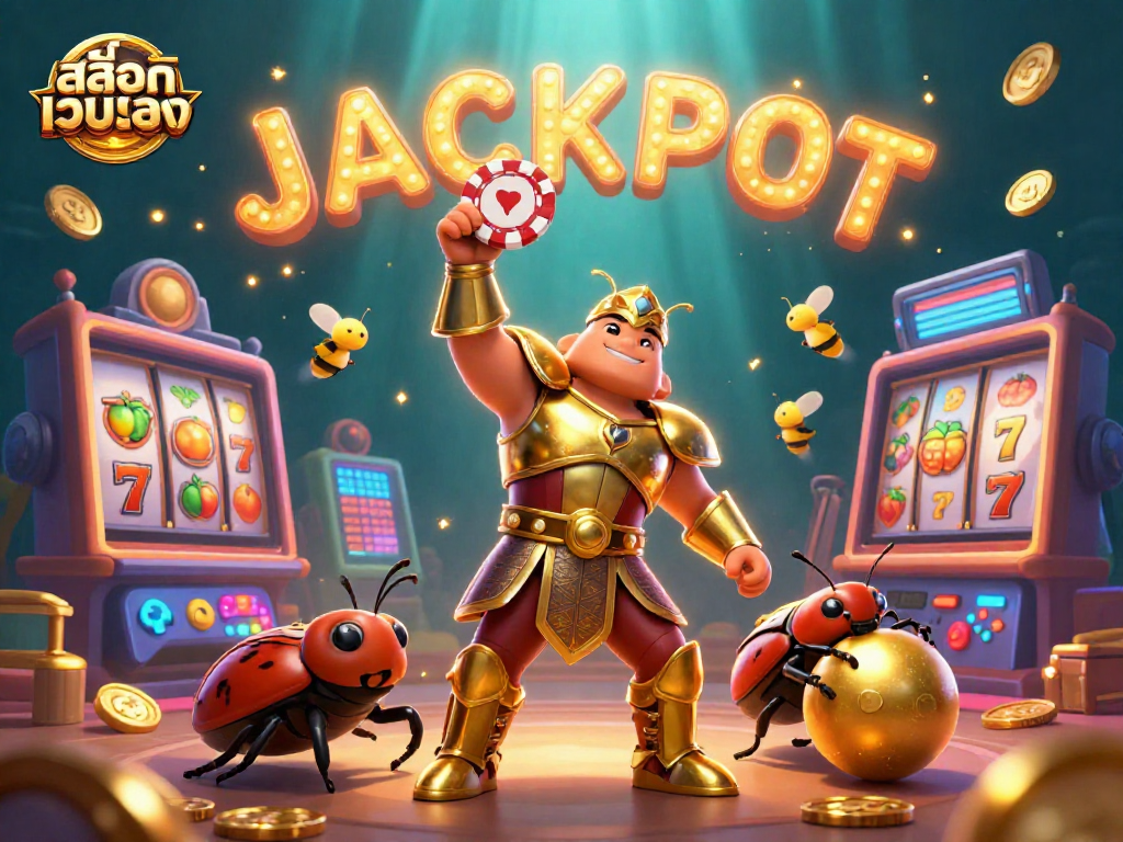 Experience the thrill of สล็อตเว็บตรง with our cartoon beetle heroes celebrating a jackpot in vibrant detail.