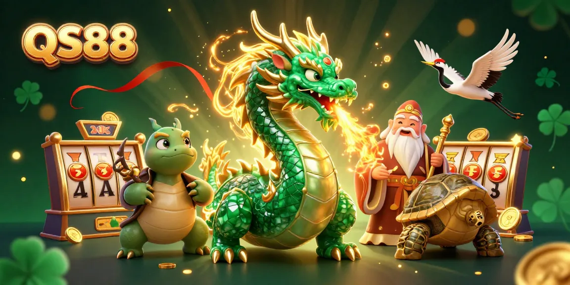 Experience the thrilling world of QS88 with a majestic jade dragon and golden elements in a vibrant casino scene.