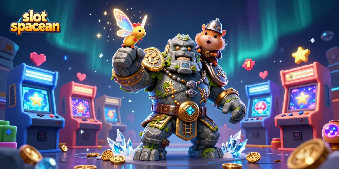 Mainkan slot spaceman dengan simbol ceria dan elemen permainan mengelilingi golem di dunia magis.