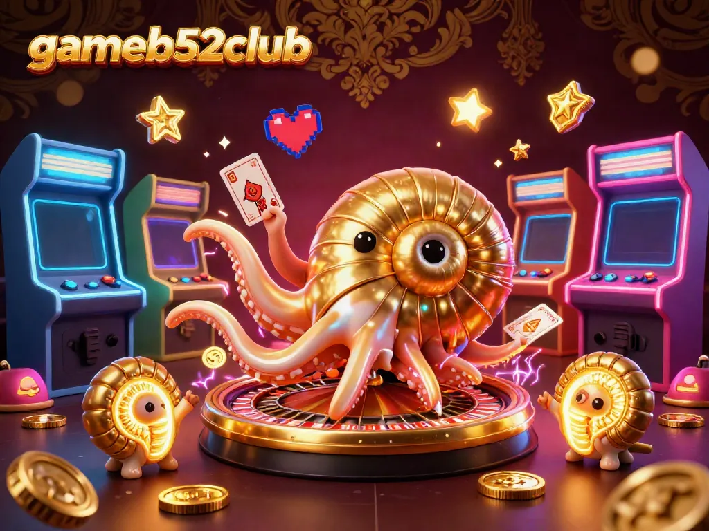 Engage with gameb52club's captivating 3D casino world featuring a giant nautilus roulette and vibrant game elements.