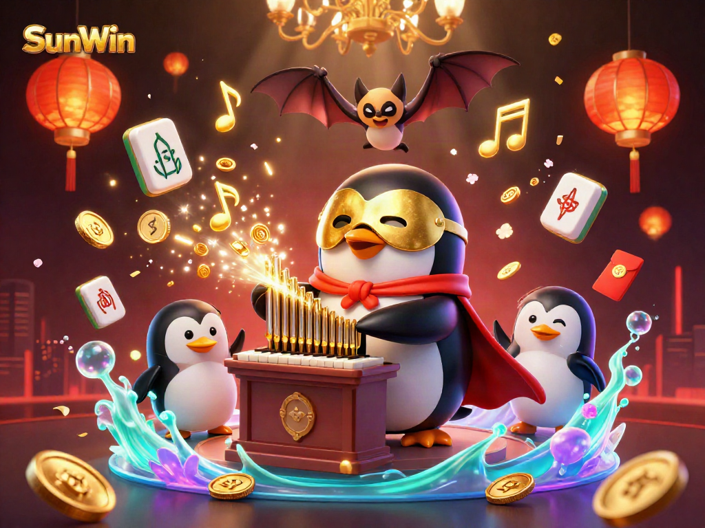 Immerse in SunWin's vibrant casino atmosphere with a whimsical penguin character playing an organ, surrounded by festive elements.