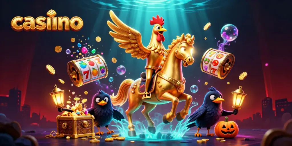 Explore an enchanting casino scene featuring the golden rooster character amidst vibrant gaming elements.