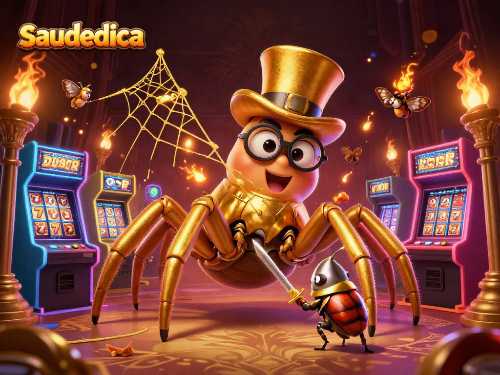 Engage with saudedica's vibrant 3D casino scene showcasing a golden tarantula and beetle knight.