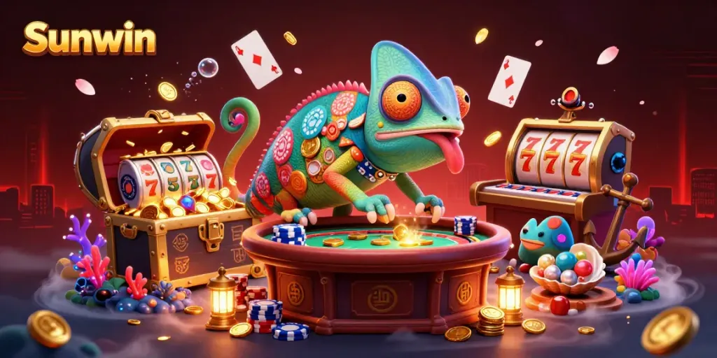 Watch the vibrant and colorful scene of Sunwin's casino owner amidst dynamic gaming elements.