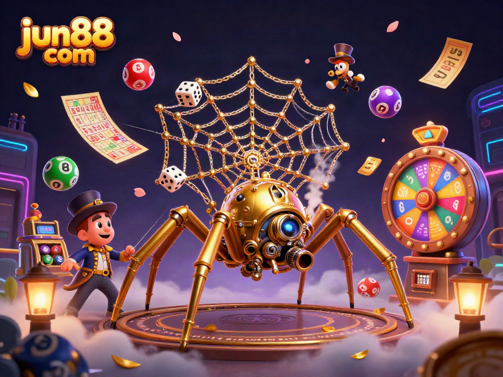 Win with jun88 com in a vibrant lottery scene filled with colorful balls and game elements.