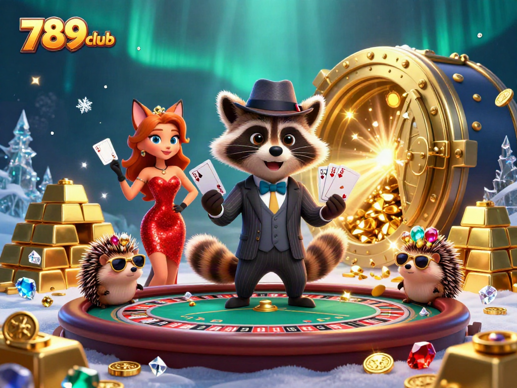 Experience the thrill of winning at 789club with raccoon poker champions surrounded by dazzling treasures.