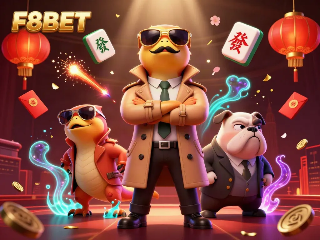 Experience the excitement of F8BET with cartoon raptors attempting entry into a casino, surrounded by vibrant elements.