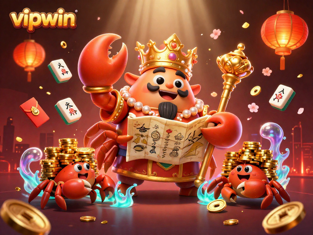 Experience the excitement of vipwin with a vibrant 3D casino scene featuring a golden crab emperor surrounded by lucky symbols.