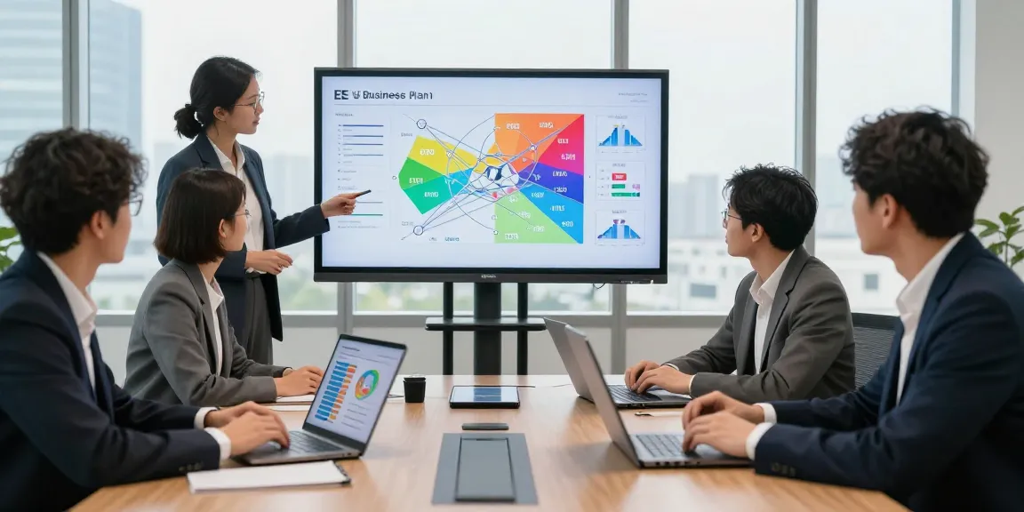 Business professionals analyzing EE vs Three business plans comparison data in a bright office