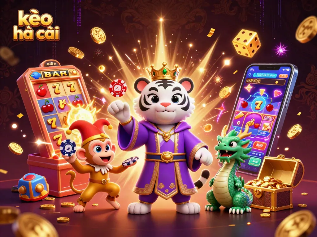 Engage with the latest kèo nhà cái updates through a dynamic casino scene with a tiger, monkey, and dragon.