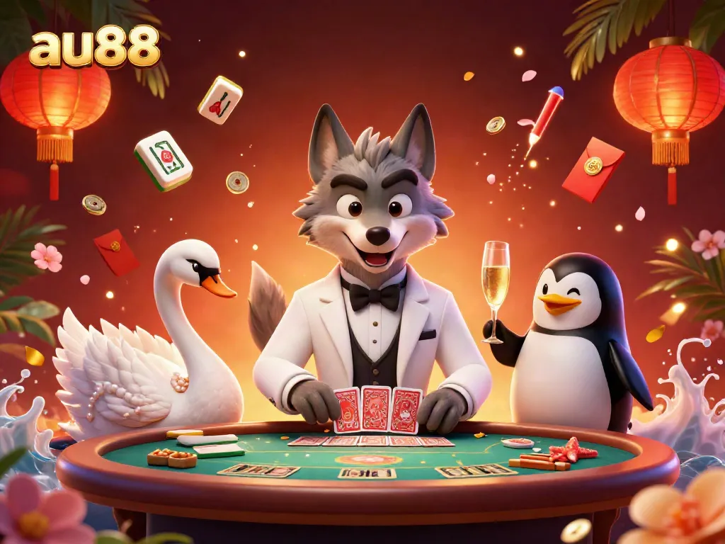 Experience gaming excitement at au88 with vibrant characters and dynamic elements in a rich casino setting.