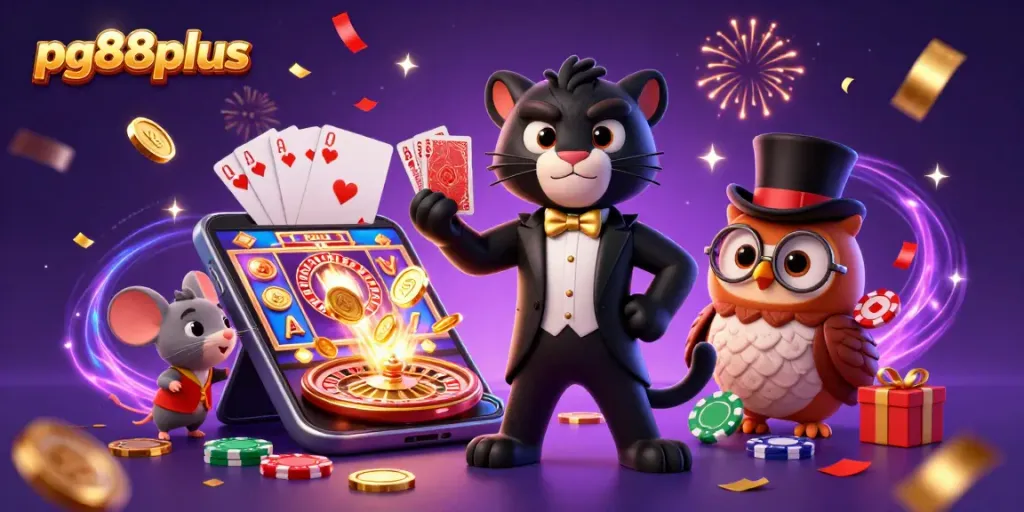 Engaging with pg88plus casino games, a stylish panther deals cards, an owl holds chips, and riches abound.