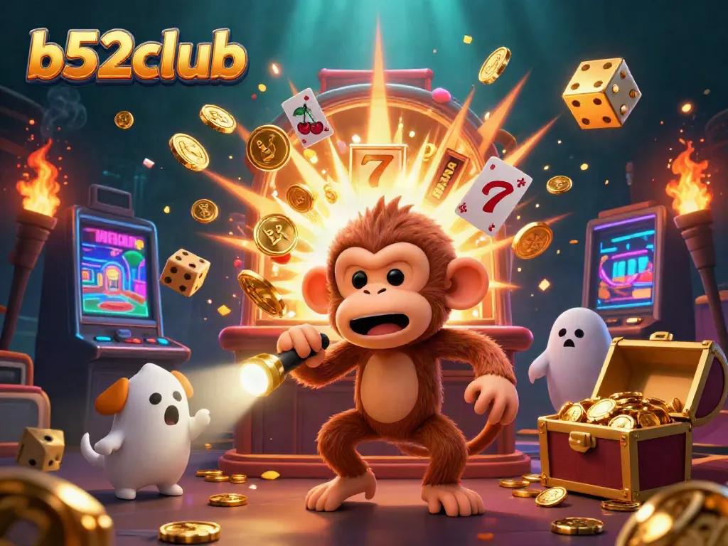 Experience thrilling gaming atmosphere in b52club as the poltergeist monkey juggles casino treasures.