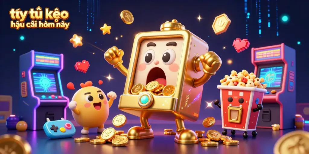 Tỷ lệ kèo nhà cái hôm nay showcased in a vibrant cartoon scene with slot machines and game elements.