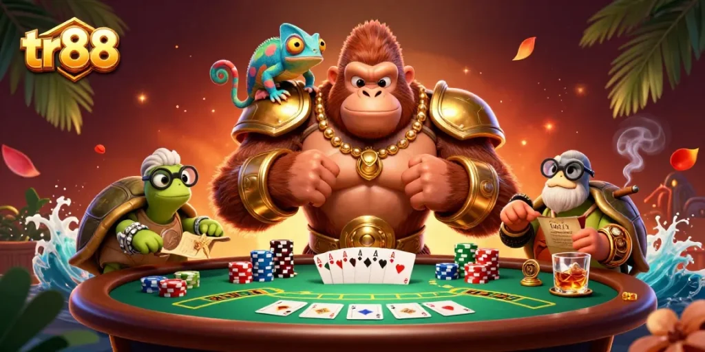 Engage in thrilling poker sessions with tr88, featuring colorful poker chips and a powerful gorilla king.