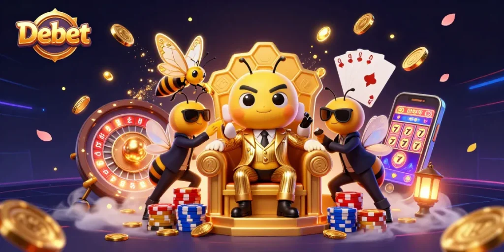 Experience exhilarating gameplay with Debet as a bumblebee mob boss and dazzling casino elements.