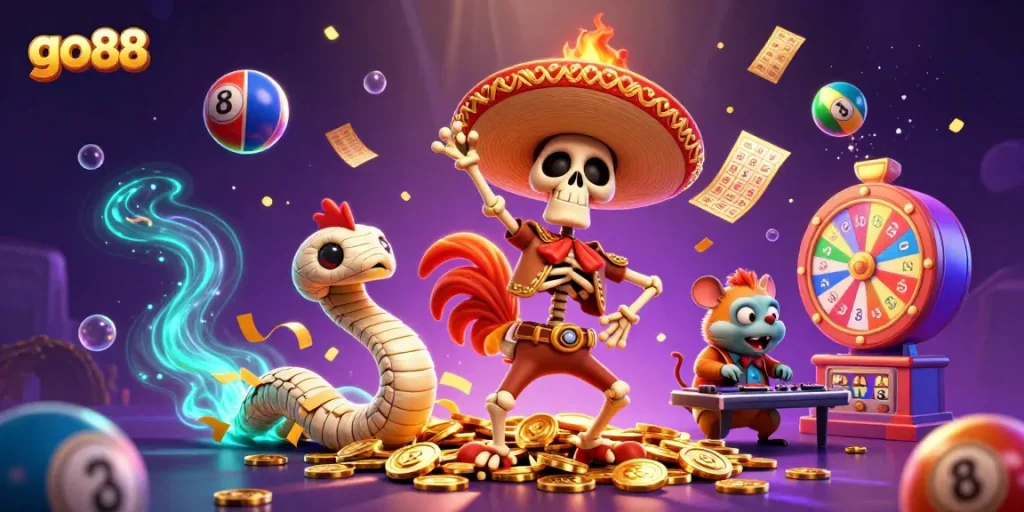 Win big with go88 at a vibrant casino scene featuring a lively rooster, mummy, and DJ.