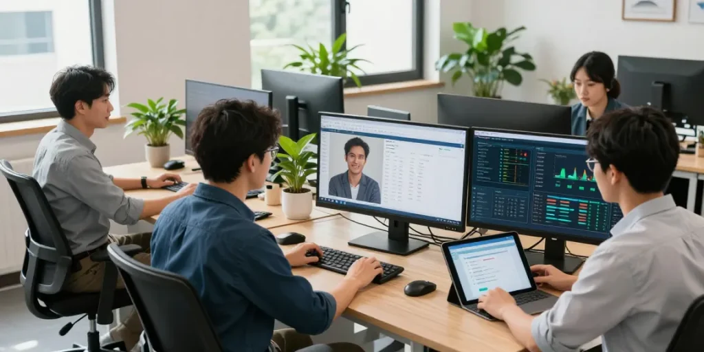 London business IT support team collaborating on proactive monitoring and client assistance in a modern office.