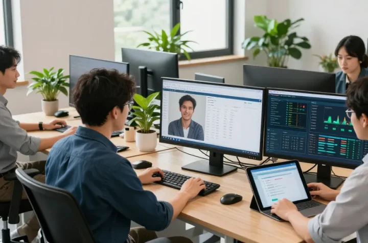 London business IT support team collaborating on proactive monitoring and client assistance in a modern office.