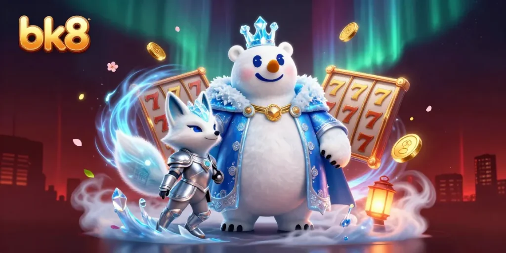 Experience the magic of bk8 with exciting slot games and golden rewards in this 3D casino illustration.
