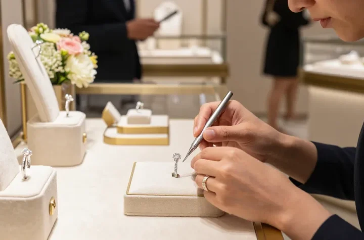 Luxury engagement rings displayed in a boutique with a jeweler polishing a diamond ring.