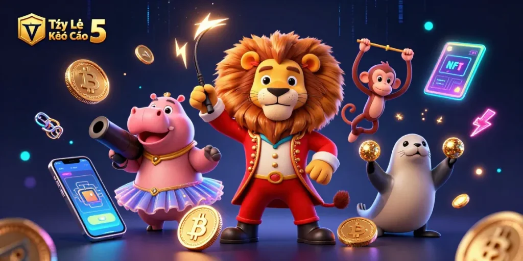Tỷ Lệ Kèo Nhà Cái 5 showcases a vibrant circus-themed scene illustrating sports betting excitement with 3D characters.