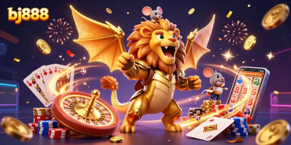 Experience thrilling gaming with bj888's golden chimera and vibrant casino elements sparkling in celebration.