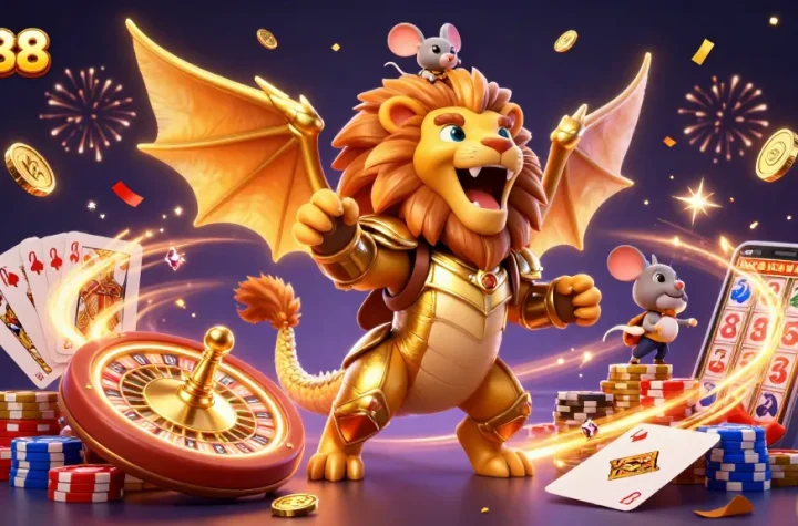 Experience thrilling gaming with bj888's golden chimera and vibrant casino elements sparkling in celebration.