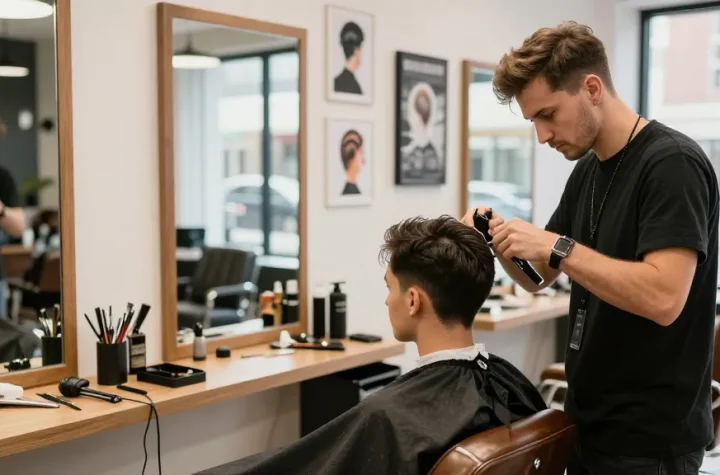 Stylish barber at ROKOK88 salon providing trendy haircut, showcasing rokok88 link experience.