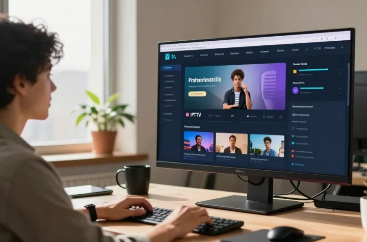 IPTV reseller managing customer accounts in a modern workspace